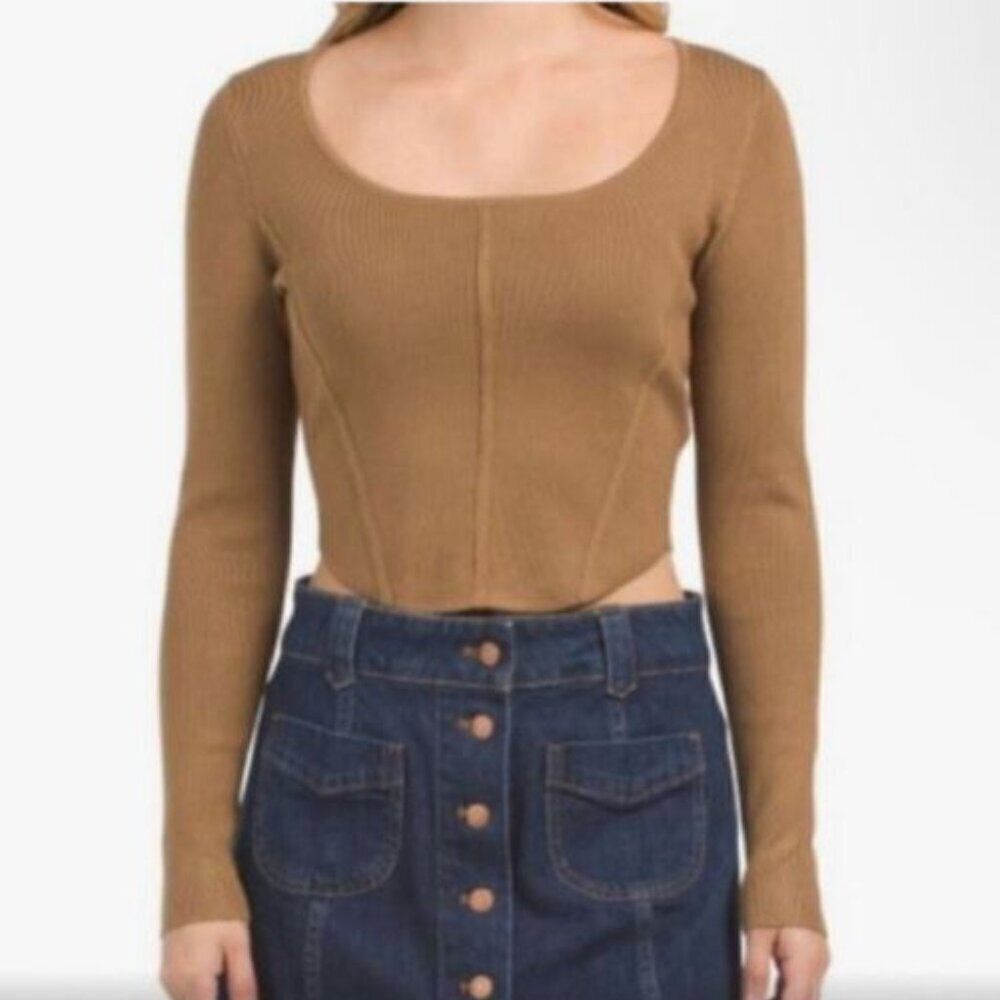 NWT House of Harlow 1960 Long Sleeve Corset Style Cropped Tan Top Size Small
